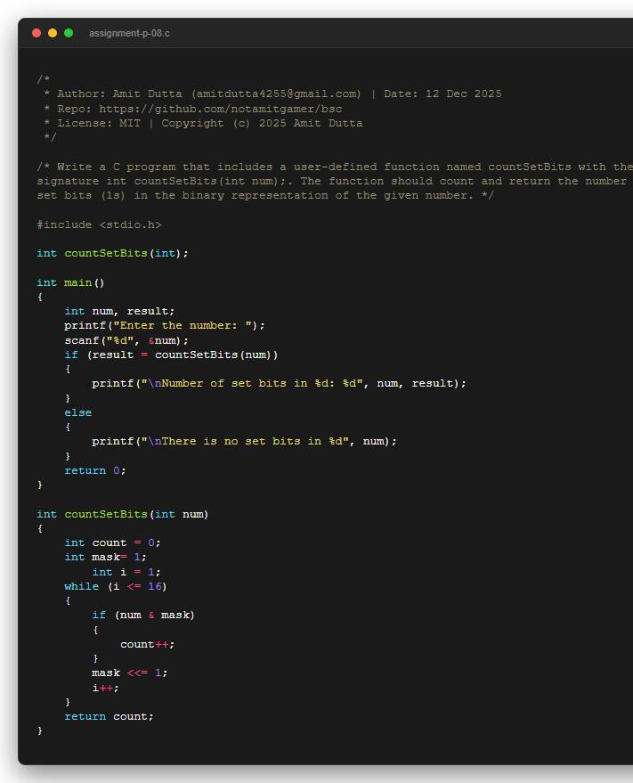 Write a C program that includes a user-defined function named countSetBits with the signature int countSetBits(int num);. The function should count and return the number of set bits (1s) in the binary representation of the given number.